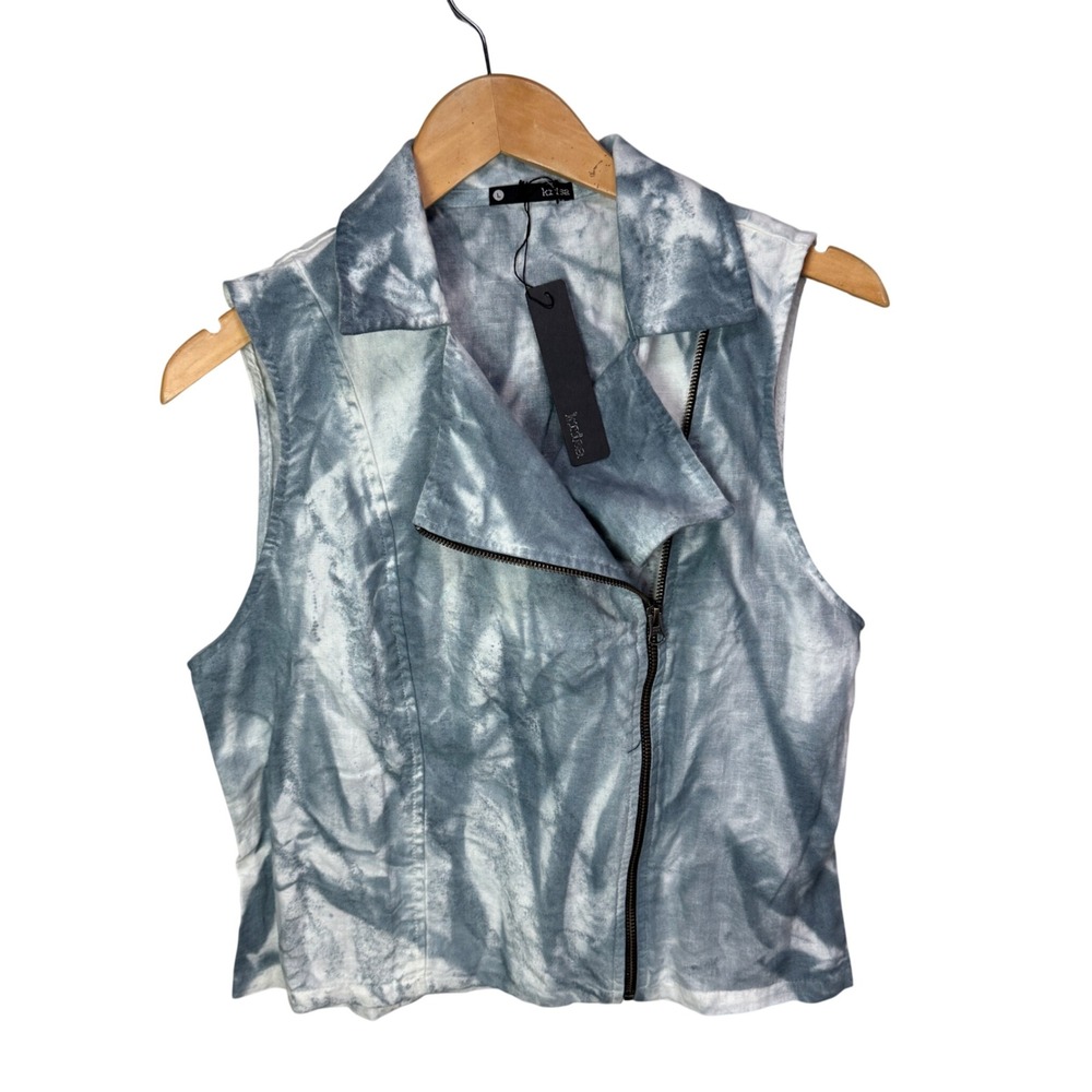 Krisa Blue White Tie Dye‎ 100% Linen Moto Vest KJ-1070TD Mens Large New